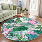 Indoor Outdoor Round Rug 3.3ft - Blue White Tropical Botanical Pattern, Non-Slip Patio Carpet, Easy-Clean Non-Shedding Rug for Living Room, Kitchen, Garden, Indoor Shower Mat