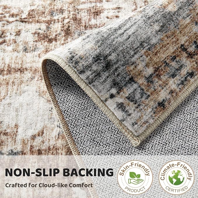 4ft Round Area Rug Living Room Rugs - 4x4 Washable Large Soft Indoor Neutral Modern Abstract Low Pile Rug Carpet for Bedroom Dining Room Farmhouse Home Office - Grey Brown