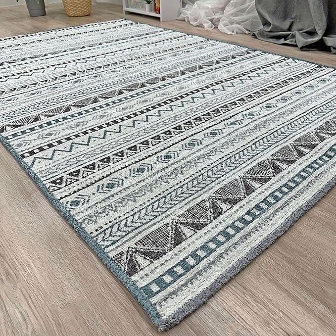 Alfa Rich 3x5 Blue Gray White Washable Area Rugs for Living Room Bedroom Kitchen Cotton Decor Runner