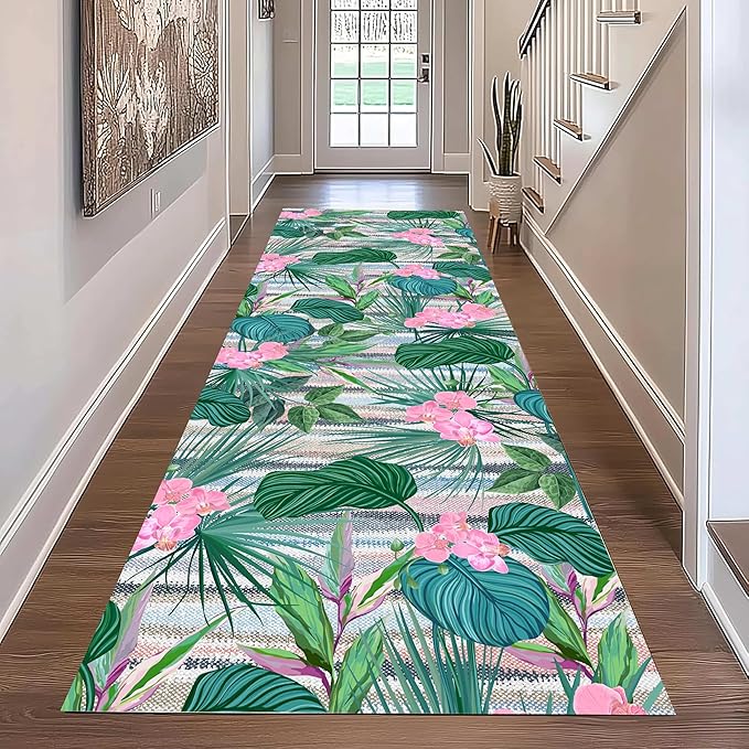 Tropical Runner Rug 2x7 ft - Floral & Leaf Print, Pink Flowers & Greenery - Non-Slip Easy Clean - Hallway, Living Room, Bedroom - Bohemian Watercolor Style