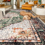 Boho Area Rug 3x5 Green Rug Washable Vintage Rug for Kitchen Living Room Bedroom Bathroom Office Low Pile Non Slip Floor Carpet