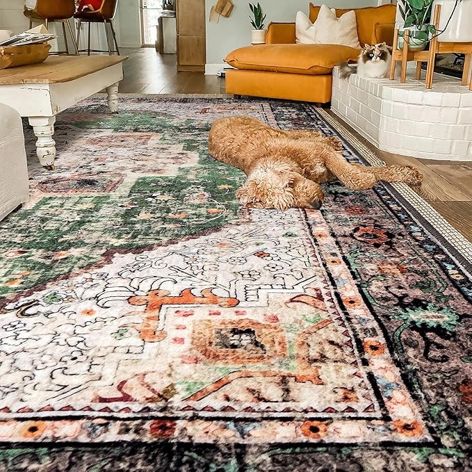 Area Rug 6x9 for Living Room Green Boho Rug Non-Slip Washable Vintage Low Pile Large Rug for Bedroom Dining Room
