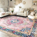 8x10 Area Rugs for Living Room Pink Boho Rug Vintage Rug Non-Slip Washable Low Pile Foldable Large Rugs for Bedroom Dining Room Indoor Floor Carpet