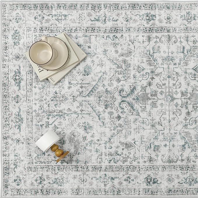 Blue 6x9 Area Rug Vintage Washable Living Room Carpet Non Slip Bedroom Indoor Office Low Pile Large Traditional Distressed Retro Accent Rug for Dining Room Bathroom Kitchen