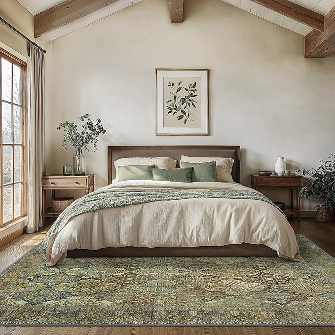 Bavni Area Rug 6X9, Oriental Vintage 6X9 Area Rugs, Large Rugs for Living Room, Non Slip Boho Carpet for Bedroom Dorm, Low Pile Aesthetic Washable Rug for Dining Room Office, Sage Green