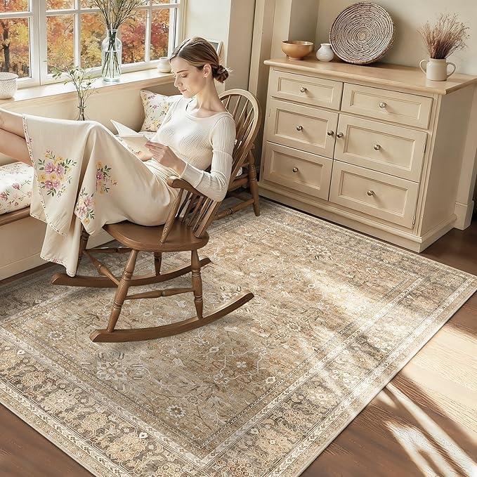 HelloTree Vintage Area Rug 4x6 Khaki Entryway Office Washable Carpet Non Slip Backing Printed Distressed Rugs for Bedroom Vintage Boho Tribal Area Rugs for Bathroom Bedroom Dining Living Room-Khaki