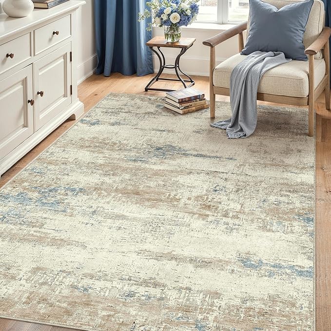 5x7 Area Rug Washable Beige Brown Abstract Living Room Carpet Non Slip Modern Neutral Soft Low Pile Contemporary Aesthetic Bedroom Indoor Rug for Office Laundry Dining Room Kitchen