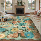 Washable Floral Area Rug 6x9 Green Living Room Large Carpet Bedroom Scalloped Flower Non Slip Soft Throw Rug Farmhouse Low Pile Thin Indoor Floor Cover for Dining Room Office
