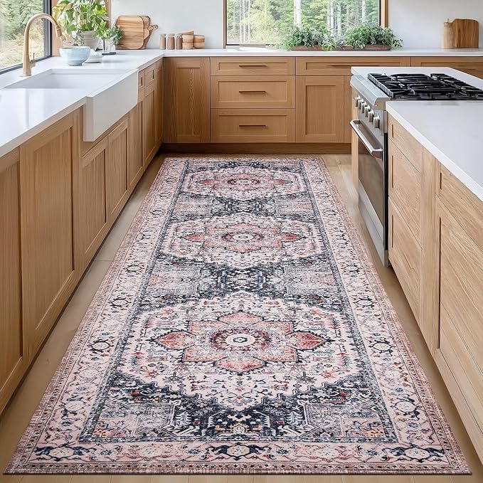 PURRUGS Vintage Farmhouse Boho Runner Rug 2'6" x 8', Non-Slip Machine Washable Rug, Accent Area Rug for Kitchen, Hallway, Entryway, Bedroom, Living Room and Dining Room, Coral Red/Marine Blue