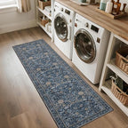 Washable Runner Rug 2x6: Vintage Boho Floral Carpet Runners for Hallway Entryway Non-Slip - Soft Botanical Low Pile Thin Mat for Kitchen Bathroom Bedroom Laundry Floor Decor - Slate Blue