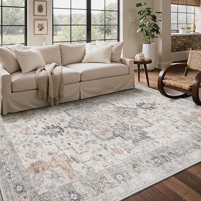 Bavni Washable Rug 8x10 Area Rug for Living Room Bedroom Dining, Washable Vintage Print Carpet, Ultra-Thin Low Pile Lightweight Rug with Non Slip Backing, Light Taupe Brown