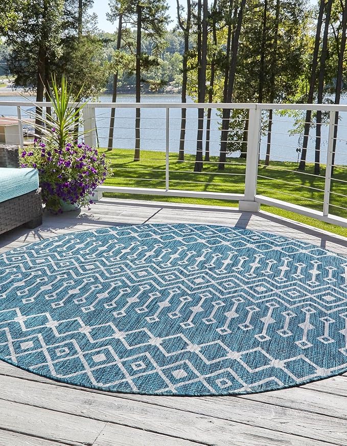 Unique Loom Outdoor Trellis Collection Area Rug - Tribal Trellis (5' 3" Round, Teal/ Ivory)