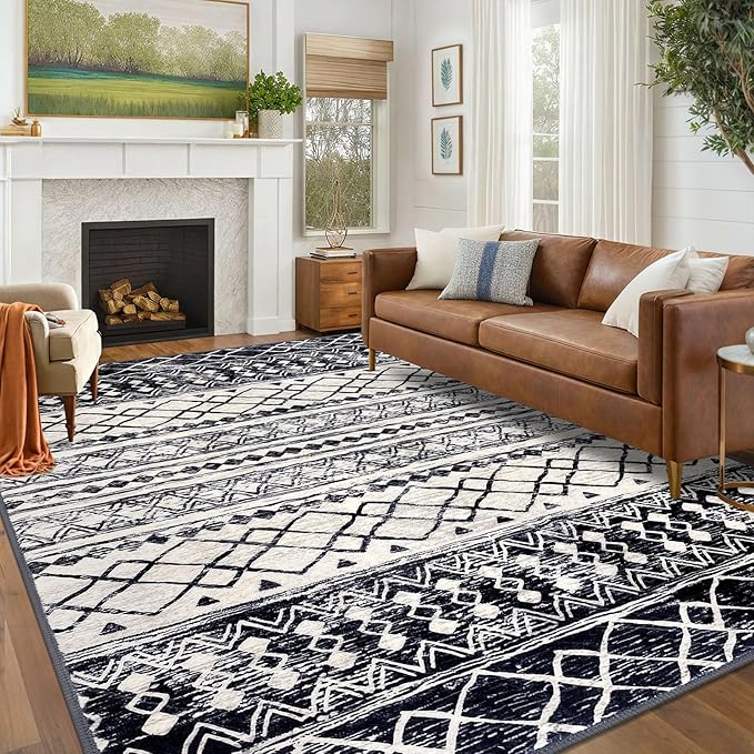 KUTA 6x9 Boho Area Rug for Living Room, Moroccan Washable Kitchen Rugs Non Slip, Black Navy Blue Ultra Soft Print Geometric Low-Pile Throw Carpet for Bedroom Nursery Dorm Decor