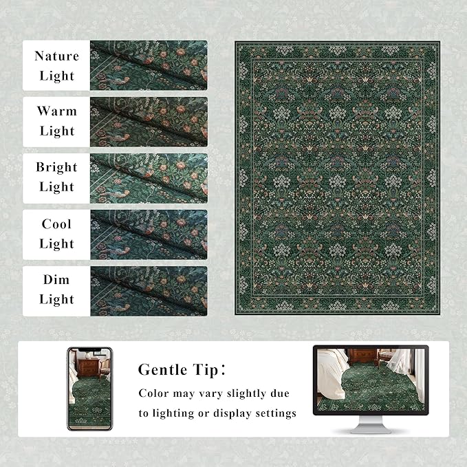 9x12 Floral Washable Area Rugs for Living Room, Vintage Boho Large Rug for Bedroom Dining Room， Distressed Botanical Birds Non Slip Low Pile Animal Throw Carpet for Farmhouse Office, Bright Green