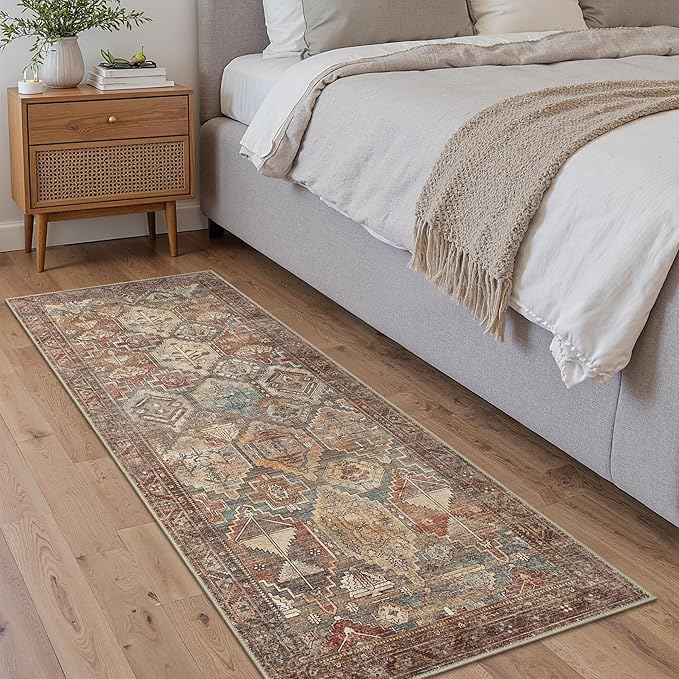 Bavni Runner Rugs 2x7 Kitchen Rug for Hallways Entryway, Washable Vintage Print Carpet, Ultra-Thin Low Pile Lightweight Rug with Non Slip Backing, Reddish Brown