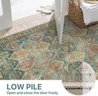Bavni Washable Rug 5x7 Area Rug for Living Room Bedroom Dining, Washable Vintage Print Carpet, Ultra-Thin Low Pile Lightweight Rug with Non Slip Backing, Multi Green