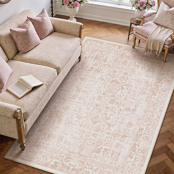 Pink Area Rug 5x7 Machine Washable Vintage Living Room Distressed Non Slip Carpet Traditional Indoor Bedroom Retro Floral Accent Throw Large Rug Office Kitchen Bathroom Dining Room
