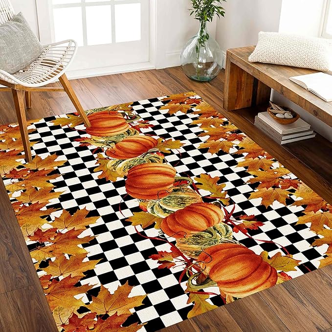 Pumpkin Area Rugs, 6x8ft, Fallen Leaves Autumn Harvest Pumpkins Black and White Checkered Rug, Ultra-Thin Rubber Non Slip Geometric Carpet for Living Room Playroom