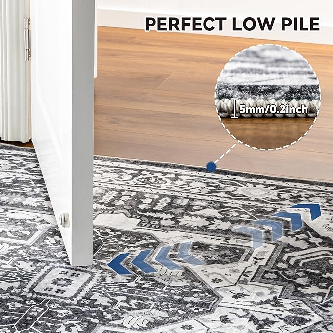 EnHomee 3x5 Washable Area Rugs for Bedroom, Boho Vintage Rugs, Foldable Area Rug for Dining Room, Non-Slip Soft Living Room Rug, Low Pile Large Carpet for Bathroom, Grey