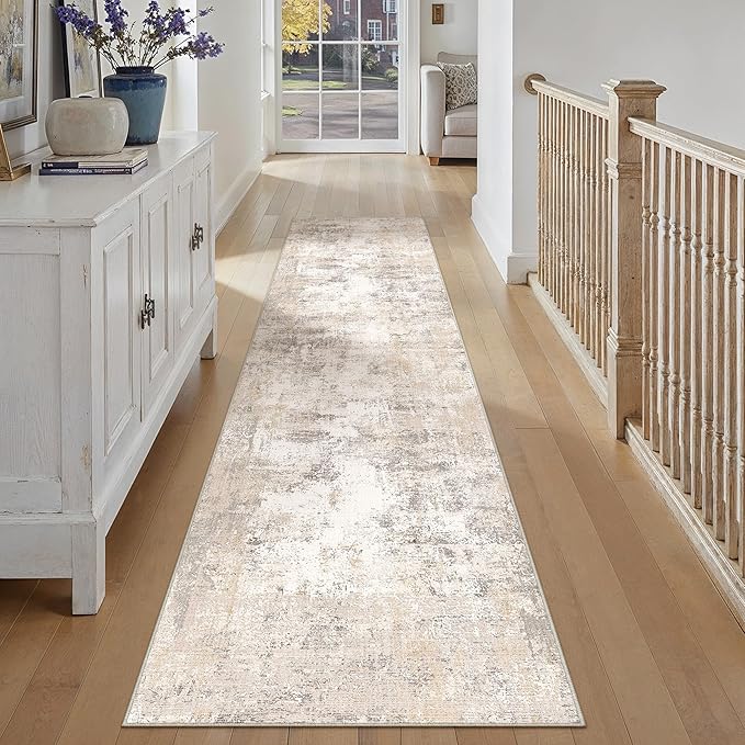 2x10 Washable Runner Rug Beige Grey Abstract Hallway Kitchen Throw Rug Neutral Modern Non Slip Soft Low Pile Carpet for Bathroom Laundry Bedroom Living Room