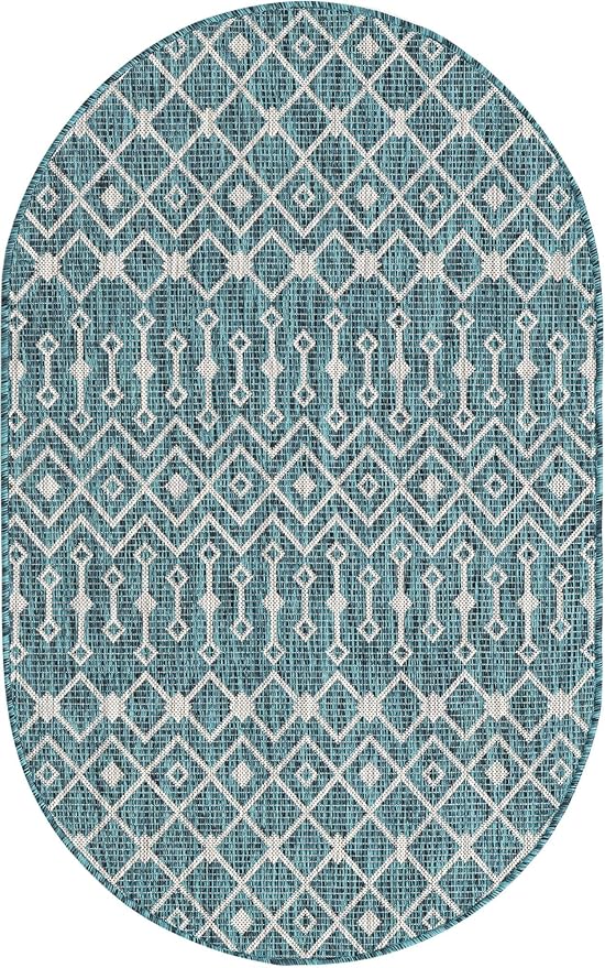 Unique Loom Outdoor Trellis Collection Area Rug - Tribal Trellis (3' 3" x 5' 3" Oval, Teal/ Ivory)