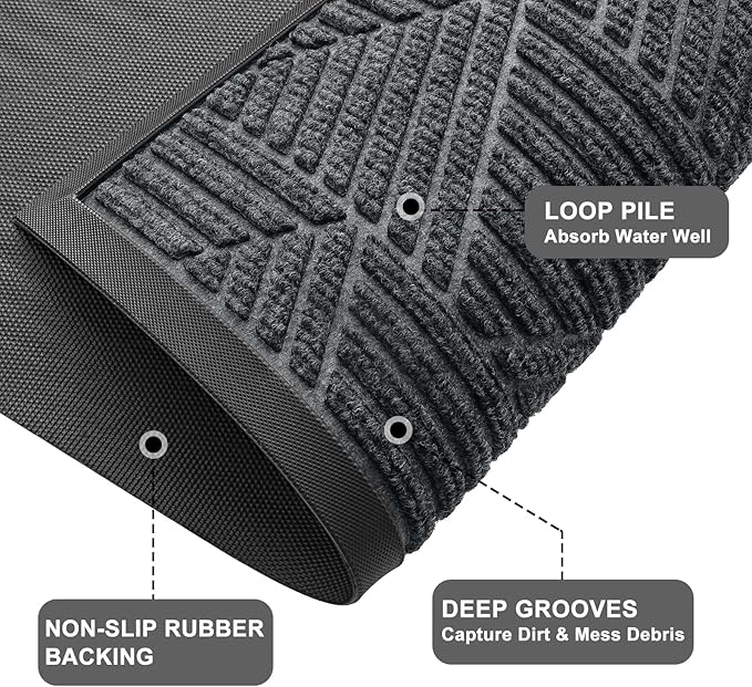 Kitinjoy Front Door Mat Outside Entrance, Sturdy Natural Dirt Trapper, Heavy Duty Rubber Doormat, Low Profile Non-Slip Backing, Easy Clean Floor Mat for Indoor Outdoor Entry, 47X23 Inch, Grey