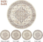 Round Rug Living Room Rugs: 6Ft Washable Boho Neutral Large Circle Soft Indoor Floral Stain Resistant Floor Farmhouse Carpet for Bedroom Nursery Kids Playroom Office Dining Room Dorm Home- Beige Brown