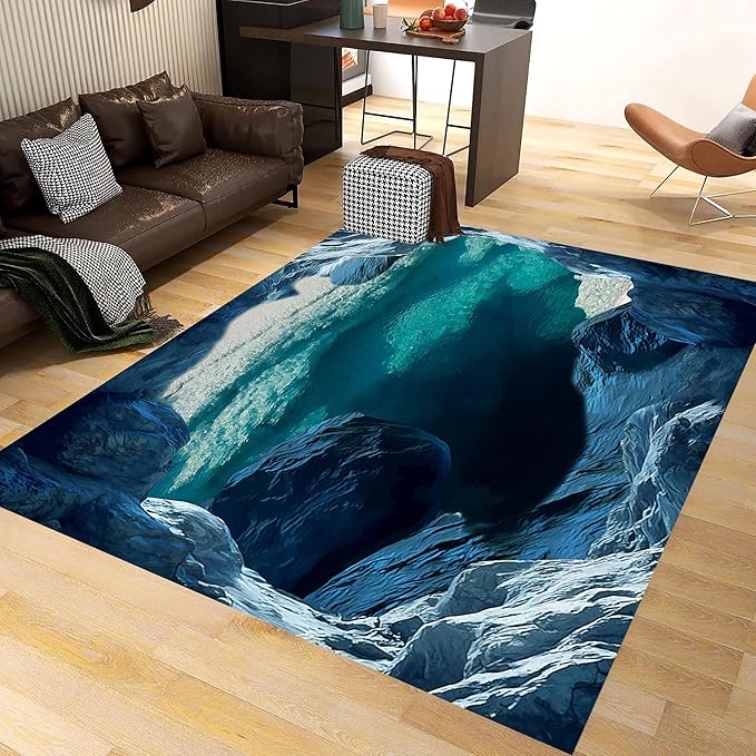 Blue Cave 3D Rugs for Bedroom, 5x6ft, Illusion Natural Landscape Blue Water Pool Entryway Rug, Rubber Backed Non Skid Low Pile Carpet，Foldable Soft No Crease Mats for Sofa Indoor