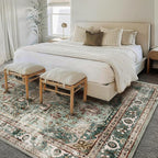 Green Area Rug 10'x14' Washable Vintage Traditional Mat Distressed Indoor Foldable Thin Retro Accent Floral Print Rug Non Slip Carpet for Living Room Dining Room Office