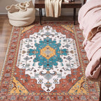 SERISSA Area Rug 3x5 Boho Orange Rugs for Bedroom, Washable Kitchen Rugs Non-Slip, Ultra Soft Print Distressed Vintage Entry Rug Low-Pile Throw Rug Carpet for Nursery Living Room Dorm Decor