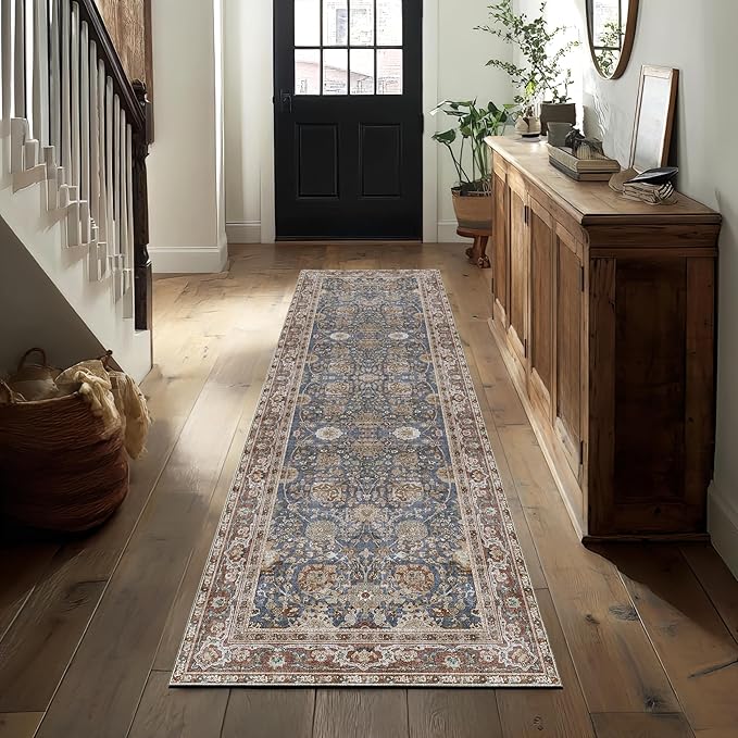 Kuden 2'6"x10 Runner Rug, Machine Washable Area Rug with Non-Slip Backing, Vintage Style, Soft, Easy Clean, Low Pile Rug for Hallway, Entryway, Kitchen, Bedroom