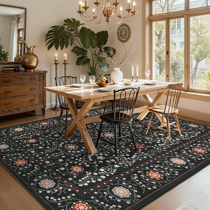 GarveeHome Boho 5x7 Area Rug for Bedroom, Floral Vintage Rugs for Living Room with Soft Low Pile, Non Slip Botanical Washable Rugs 5x7 for Dining Room Black Carpet for Entryway Dorm Office Playroom