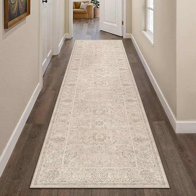 HUGEAR 2x8 Machine Washable Hallway Runner Rugs Vintage Beige - Neutral Non Slip Stain Resistant Low Pile Aesthetic Throw Carpet Kids & Pet Friendly for Bedroom Kitchen Entryway