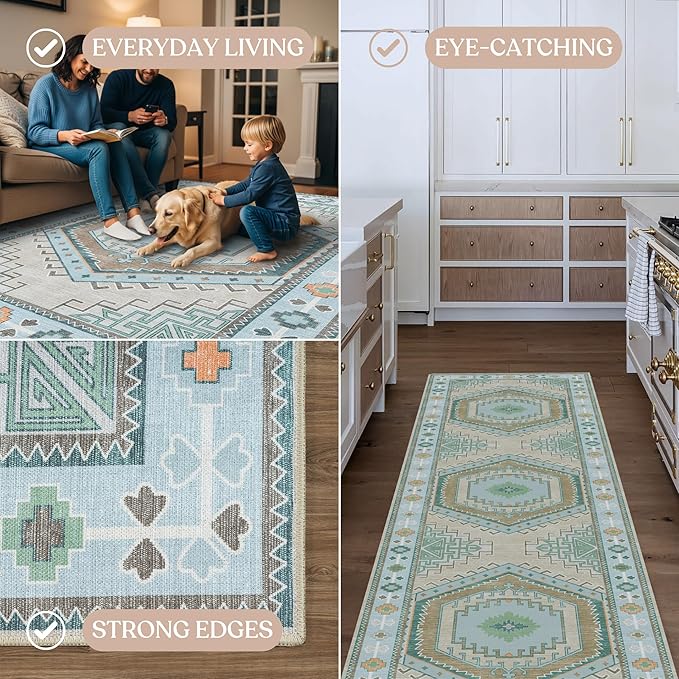 Fame Living Washable Area Rug. Modern Farmhouse. Vintage. Turkish. Bohemian. Distressed. Oriental. Traditional. Rugs for Living Room. Dining. Bedroom. Office. Entryway. Foyer. (856GG, 9'5" x 14')