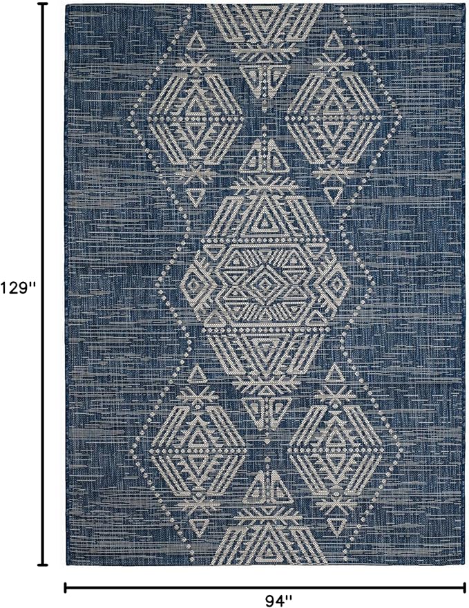 FH Home Outdoor Area Rug - Waterproof Easy to Clean Stain Resistant - Patio Indoor Outdoor Porch Deck Balcony Entryway - Boho Moroccan - Ariana - Blue - 7ft 10in x 10ft 9in