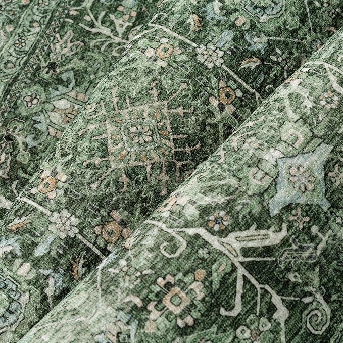 Area Rug 6x9 Green Washable Living Room Carpet Soft Non Slip Vintage Bedroom Indoor Office Traditional Retro Distressed Large Thicker Throw Rug for Dining Room Kitchen Playroom