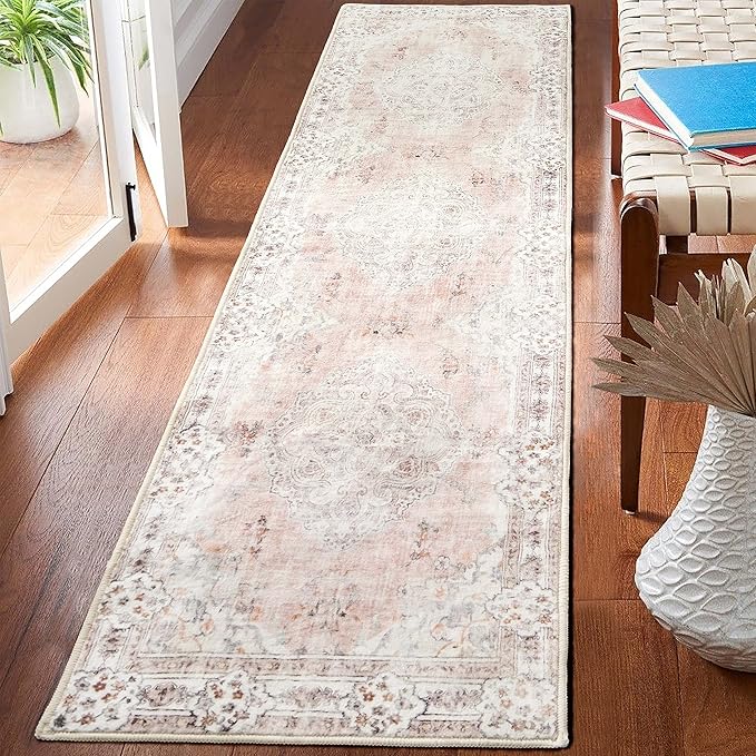 MUJOO Hallway Runner Rug 2'x8' Pink Long Rug Runners Boho Machine Washable Non Slip Carpet for Entryway Kitchen Bathroom Bedside Retro Soft Low-Pile Blossom