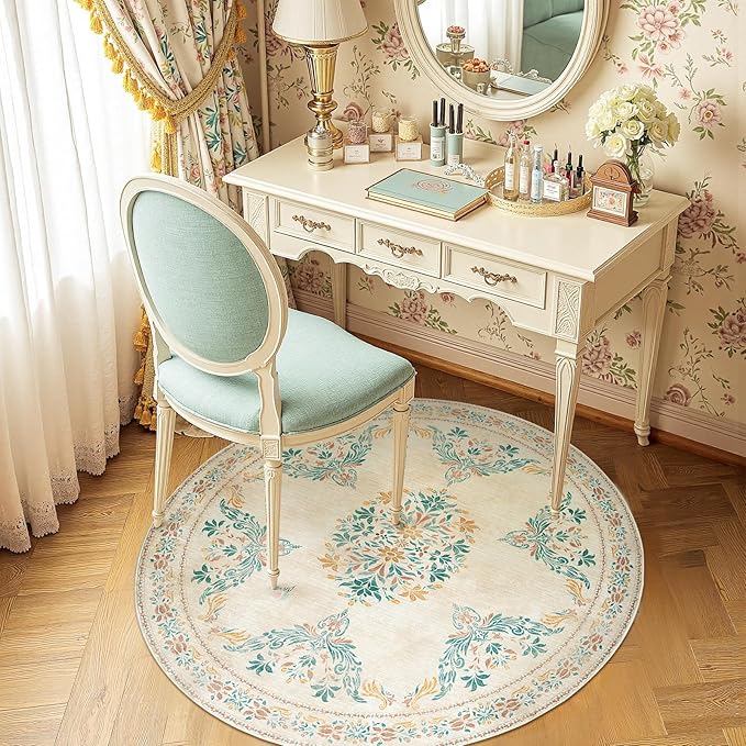jinchan Round Rug 4ft Area Rug Vintage Floral Distressed Design Machine Washable Soft Non-Slip Low-Pile Ultra-Thin Circle Rug for Entryway Bedside Living Room Kitchen Nursery (4' Round, Apricot Multi)