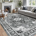 DEXI 6x9 Area Rug for Living Room, Washable Vintage Farmhouse Thin Rug Indoor Floor, Non Slip Stain Resistant Low Pile Carpet for Dining Room Bedroom Office, White Grey