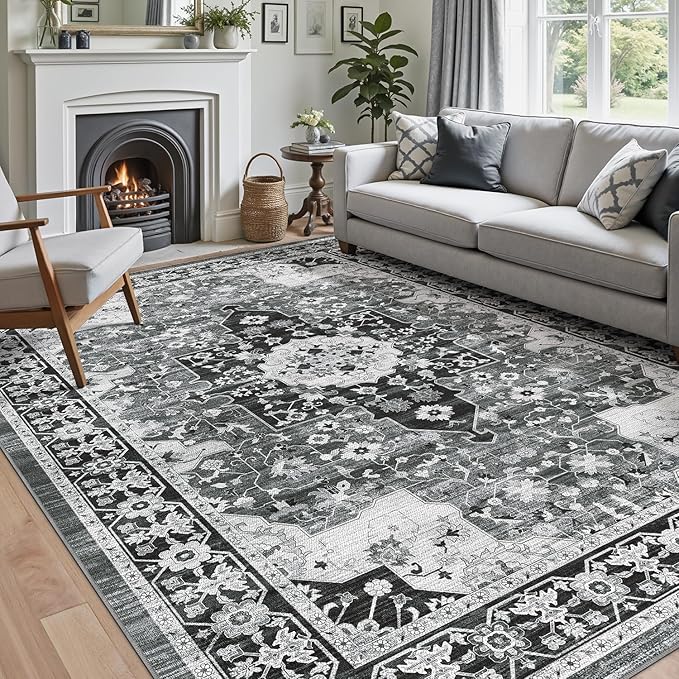 DEXI 9x12 Area Rug for Living Room, Washable Vintage Farmhouse Thin Rug Indoor Floor, Non Slip Stain Resistant Low Pile Carpet for Dining Room Bedroom Office, White Grey