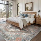 Bavni Washable Rug 8x10 Area Rug for Living Room Bedroom Dining, Washable Vintage Print Carpet, Ultra-Thin Chenille Low Pile Lightweight Rug with Non Slip Backing, Blue/Orange