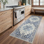 2'6''x6 Runner Rugs for Hallway, Machine Washable Non Slip Vintage Rugs, Low Pile Lightweight Soft Print Rug for enrtyway, Corridor, Home Office, Kitchen, Center Blue
