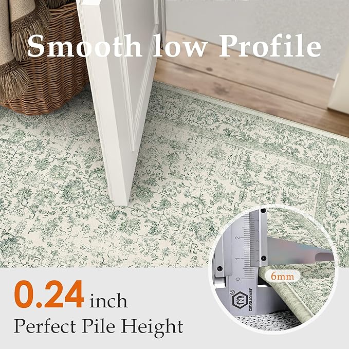 Sage Green Area Rug 2x3 Washable Vintage Distressed Entryway Carpet Non Slip Neutral Door Mat Low Pile Retro Floral Farmhouse Accent Throw Small Rug for Bathroom Laundry Kitchen Dining Room