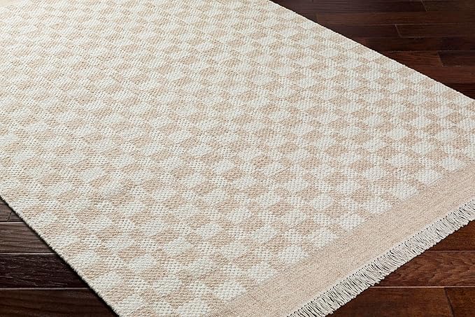 Mark&Day Wool Rugs, 2x8 Clinten Solid and Border Tan Runner Checkered Rug, Tan Ivory Carpet for Hallway, Kitchen, Bedroom or Living Room (2'6" x 8' Runner)