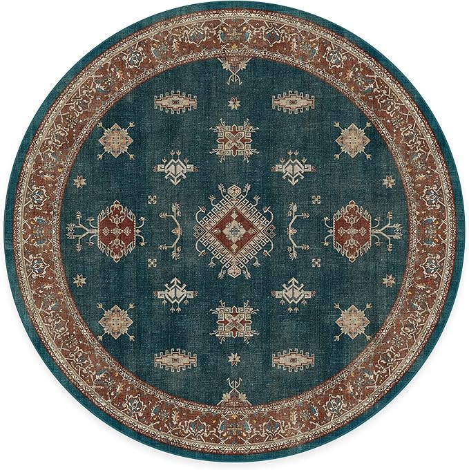 RUGGABLE Washable Vintage Area Rug – Verena Teal Blue 8 ft Round, Stain-Resistant, Non-Slip – Large Machine Washable Rugs for Living Room, Bedroom, Hallway, Entryway & Office–with Cushioned Pad