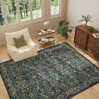DUKINO 5x7 Area Rugs, Floral Washable Rugs for Bedroom with Non Slip Backing, Vintage Low Pile Indoor Floor Carpets for Bedroom, Living Room, Farmhouse, Home Office, Dining Room, Blue
