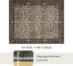 Washable Living Room Rug: 8x10 Boho Floral Soft Area Rug for Bedroom Decor - Vintage Low Pile Thin Carpet for Dining Room Non-Slip - Farmhouse Stain Resistant Rugs - Dark Brown