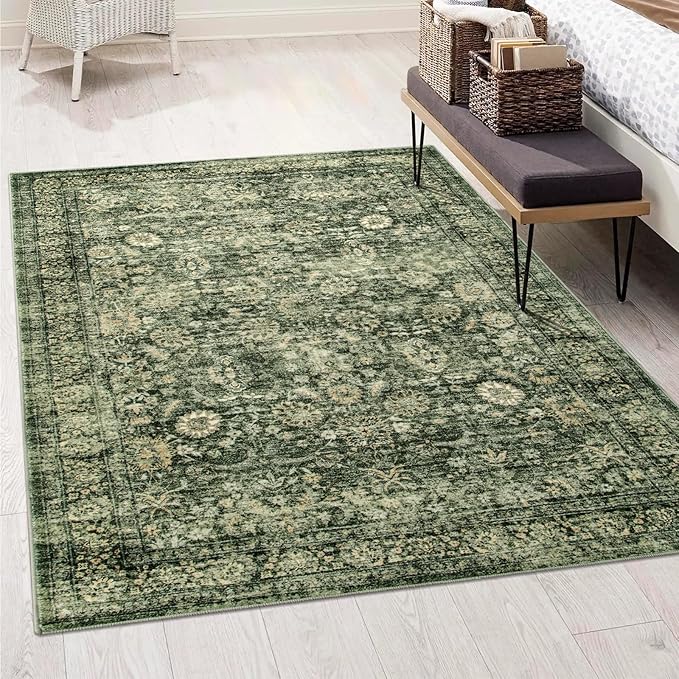 Morebes Area Rug 4x6 Vintage Washable Boho Rugs for Bedroom, Soft Living Room Carpet Non-Slip Non-Shedding Faux Wool Rug for Farmhouse Dining Room Indoor Kids Playroom, Grayish Green