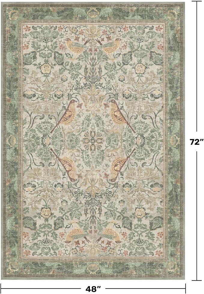 Washable 4x6 Entryway Rug, Sage Green Area Rugs for Living Room, Bedroom, Large Kitchen, Office, Boho Botanical Decor, Non-Slip Low Pile Ultra Soft Carpet