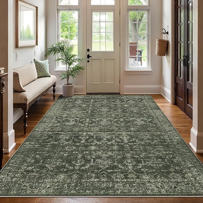 Washable Area Rug 6x9 Green Rugs for Living Room, Vintage Boho Large Rug for Bedroom Dining Room Office, Distressed Floral Print Carpet for Under Table, Soft Non Slip Low Pile Throw Carpet Indoor Mat